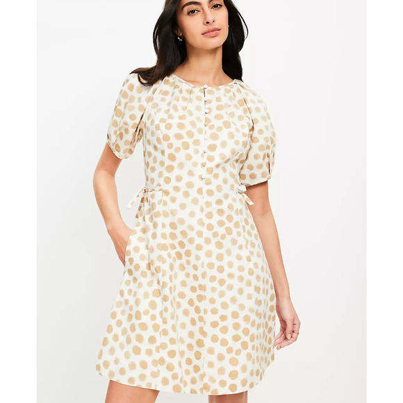 Ann Taylor Loft Dotted Side Tie Mini Pocket Dress Beige Glow‎ Size 8 NWT - Picture 1 of 6
